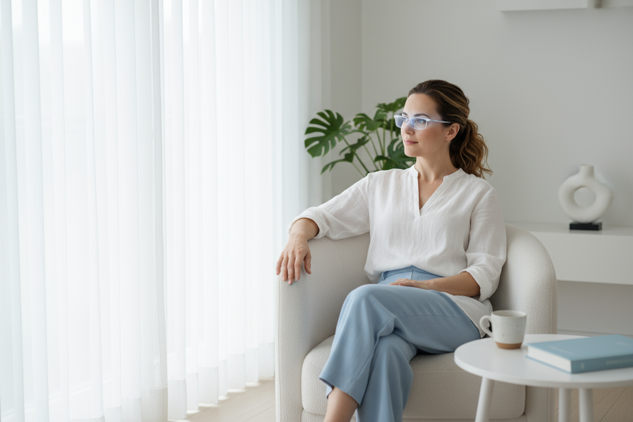 Image réaliste et premium d’un intérieur lumineux et apaisant. Une femme moderne, détendue, porte des lunettes de luminothérapie élégantes diffusant une douce lumière bleue au-dessus des yeux sans bloquer la vue. L’ambiance est zen, naturelle et minimaliste, avec des tons blancs et bleus clairs. Style inspiré d’Apple ou Withings, parfait comme image de fond pour une page d’accueil e-commerce bien-être. Le produit doit rester subtil, la lumière doit créer une atmosphère calme et énergisante.